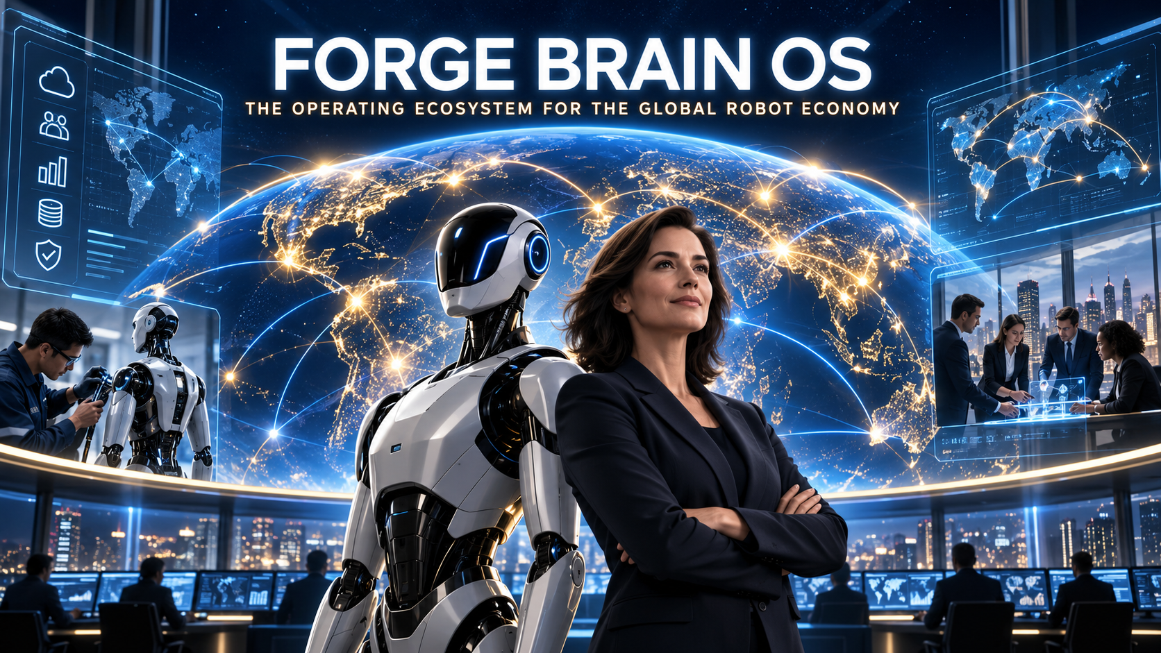 Forge Brain OS — the operating ecosystem for the global robot economy, with a humanoid robot and business leader in front of a connected globe